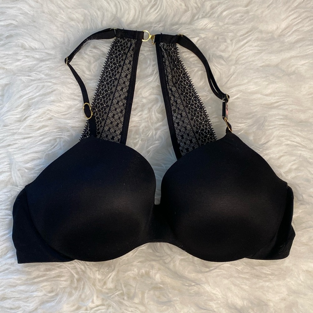 Victoria’s Secret Bra 34C Black Perfect Shape Padded Push Up Lace Racerback NWT